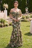Dark Green Mermaid Off the Shoulder Maxi Floral Dress with Ruffles