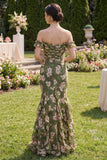 Dark Green Mermaid Off the Shoulder Maxi Floral Dress with Ruffles