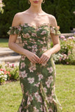 Dark Green Mermaid Off the Shoulder Maxi Floral Dress with Ruffles