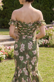Dark Green Mermaid Off the Shoulder Maxi Floral Dress with Ruffles