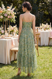 Dusty Green A Line Printed V-Neck High Low Floral Dress with Ruffles