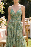 Dusty Green A Line Printed V-Neck High Low Floral Dress with Ruffles