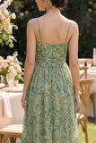 Dusty Green A Line Printed V-Neck High Low Floral Dress with Ruffles