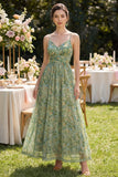 Dusty Green Spaghetti Straps Ruched A Line Maxi Floral Dress