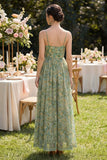 Dusty Green Spaghetti Straps Ruched A Line Maxi Floral Dress