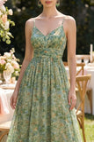 Dusty Green Spaghetti Straps Ruched A Line Maxi Floral Dress