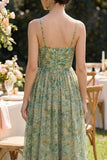 Dusty Green Spaghetti Straps Ruched A Line Maxi Floral Dress