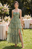 Dusty Green Strapless A Line Ruffled Maxi Floral Dress with Slit