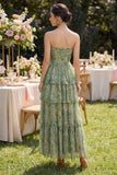Dusty Green Strapless A Line Ruffled Maxi Floral Dress with Slit