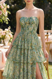 Dusty Green Strapless A Line Ruffled Maxi Floral Dress with Slit