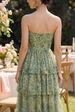 Dusty Green Strapless A Line Ruffled Maxi Floral Dress with Slit