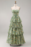 Dusty Green Strapless A Line Ruffled Maxi Floral Dress with Slit
