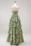 Dusty Green Strapless A Line Ruffled Maxi Floral Dress with Slit