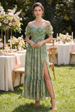 A Line Dusty Green Ruched Off the Shoulder Maxi Floral Dress with Slit