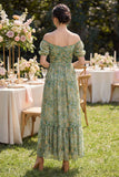 A Line Dusty Green Ruched Off the Shoulder Maxi Floral Dress with Slit