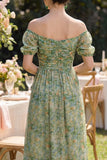 A Line Dusty Green Ruched Off the Shoulder Maxi Floral Dress with Slit