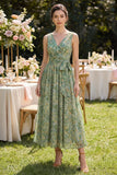 Dusty Green V-Neck A Line Ruched Floral Dress with Bow