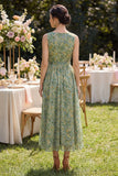 Dusty Green V-Neck A Line Ruched Floral Dress with Bow