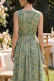 Dusty Green V-Neck A Line Ruched Floral Dress with Bow