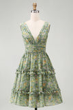 Dusty Green A Line V-Neck Midi Floral Dress with Ruffles