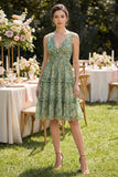 Dusty Green A Line V-Neck Midi Floral Dress with Ruffles