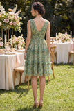 Dusty Green A Line V-Neck Midi Floral Dress with Ruffles