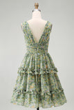 Dusty Green A Line V-Neck Midi Floral Dress with Ruffles