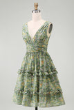 Dusty Green A Line V-Neck Midi Floral Dress with Ruffles