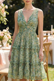 Dusty Green A Line V-Neck Midi Floral Dress with Ruffles