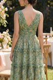 Dusty Green A Line V-Neck Midi Floral Dress with Ruffles