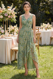 Dusty Green Sheath V-Neck High Low Floral Dress with Ruffles