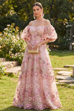 Off the Shoulder Pink A-Line Appliqued Long Floral Dress with Puff Sleeves