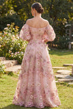 Off the Shoulder Pink A-Line Appliqued Long Floral Dress with Puff Sleeves