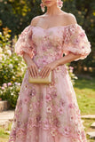 Off the Shoulder Pink A-Line Appliqued Long Floral Dress with Puff Sleeves