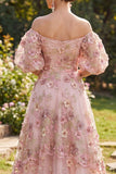 Off the Shoulder Pink A-Line Appliqued Long Floral Dress with Puff Sleeves