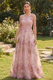 Pink One Shoulder A-Line Ruched Long Floral Dress