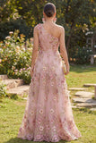 Pink One Shoulder A-Line Ruched Long Floral Dress