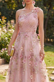 Pink One Shoulder A-Line Ruched Long Floral Dress