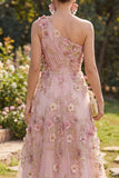Pink One Shoulder A-Line Ruched Long Floral Dress