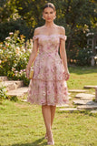 Pink A-Line Off the Shoulder Ruffled Midi Floral Dress