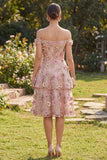 Pink A-Line Off the Shoulder Ruffled Midi Floral Dress