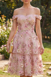 Pink A-Line Off the Shoulder Ruffled Midi Floral Dress