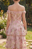 Pink A-Line Off the Shoulder Ruffled Midi Floral Dress
