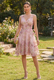 A-Line Pink V-Neck Appliqued Midi Floral Dress