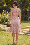 A-Line Pink V-Neck Appliqued Midi Floral Dress