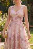 A-Line Pink V-Neck Appliqued Midi Floral Dress