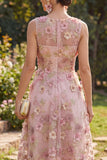 A-Line Pink V-Neck Appliqued Midi Floral Dress