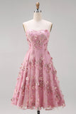 Strapless Pink A-Line Appliqued Midi Floral Dress