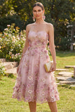 Strapless Pink A-Line Appliqued Midi Floral Dress