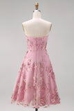 Strapless Pink A-Line Appliqued Midi Floral Dress